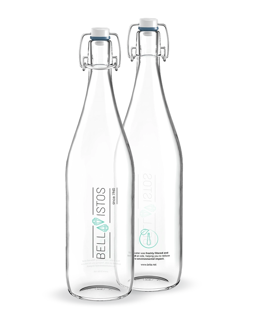 Two BRITA Classic bottles with customer logos.