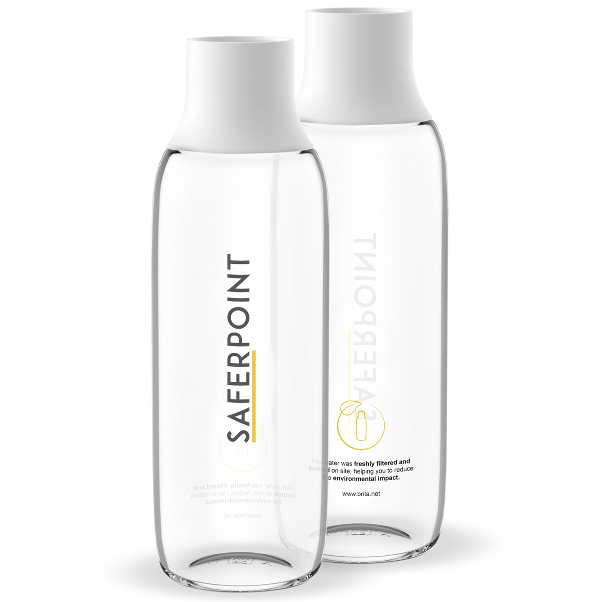 Deux bouteilles BRITA Wave avec des bouchons blancs et le logo du client.